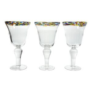 Set of 3 Mexican Handblown Colorful Confetti Rim Water or Wine Glasses 8.5” 16oz